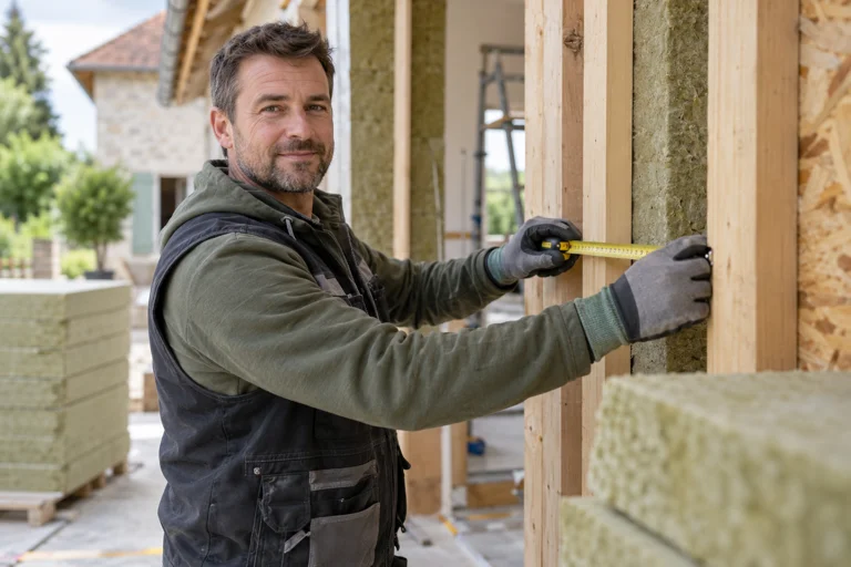 Artisan mesurant une ossature sur un chantier d’isolation
