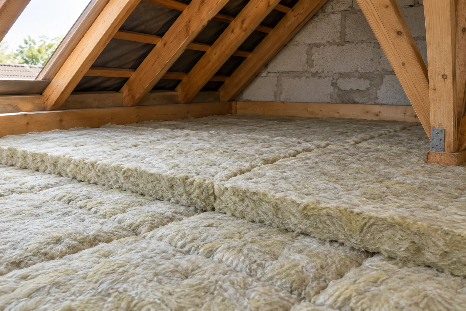 Illustration générée : détail de couches de laine minérale sur le plancher de combles perdus.